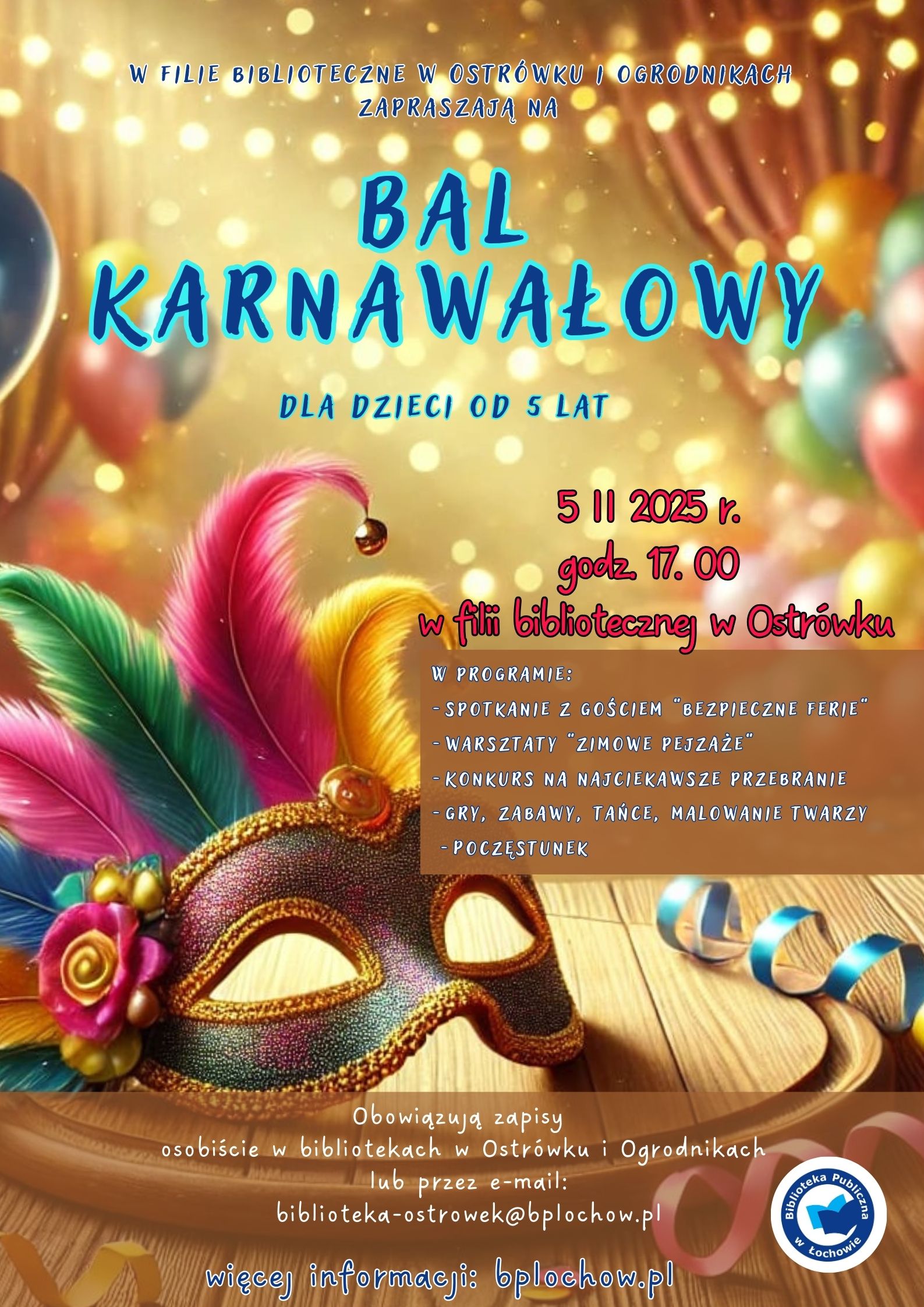 Bal Karnawałowy w filii bibliotecznej w Ostrówku- zaproszenie