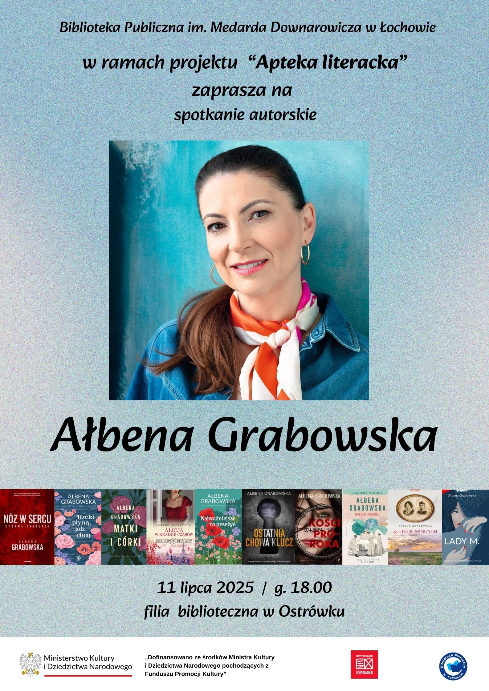 Spotkanie autorskie z Ałbeną Grabowską w filii bibliotecznej w Ostrówku – zaproszenie
