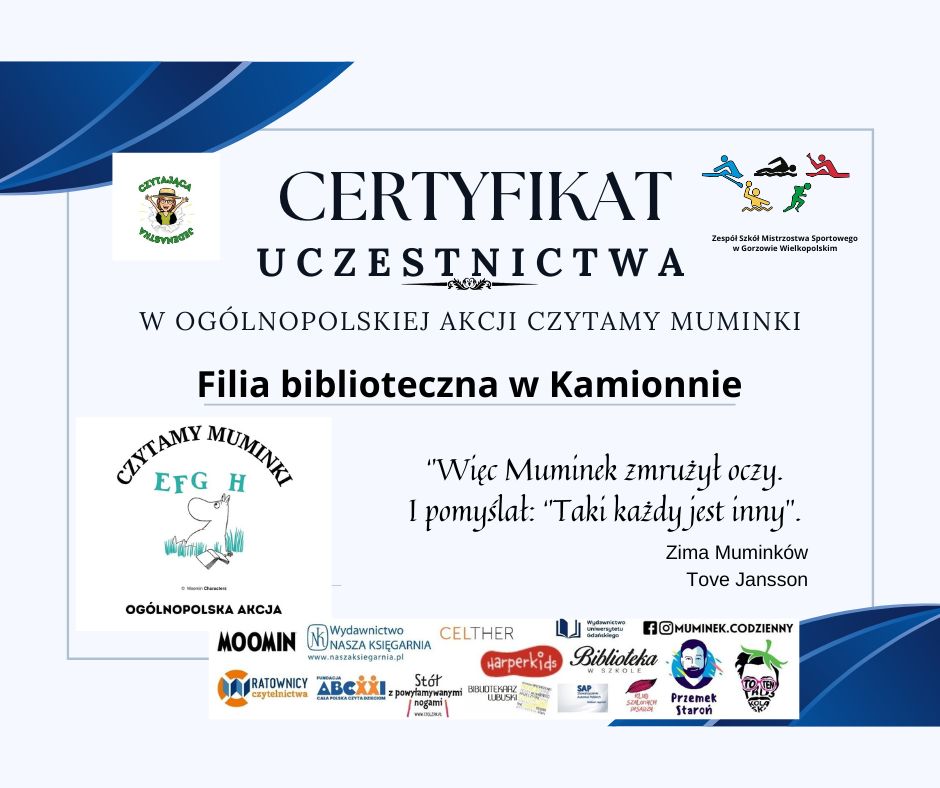 Certyfikat za udział w Ogólnopolskiej akcji „Czytamy Muminki” dla filii w Kamionnie