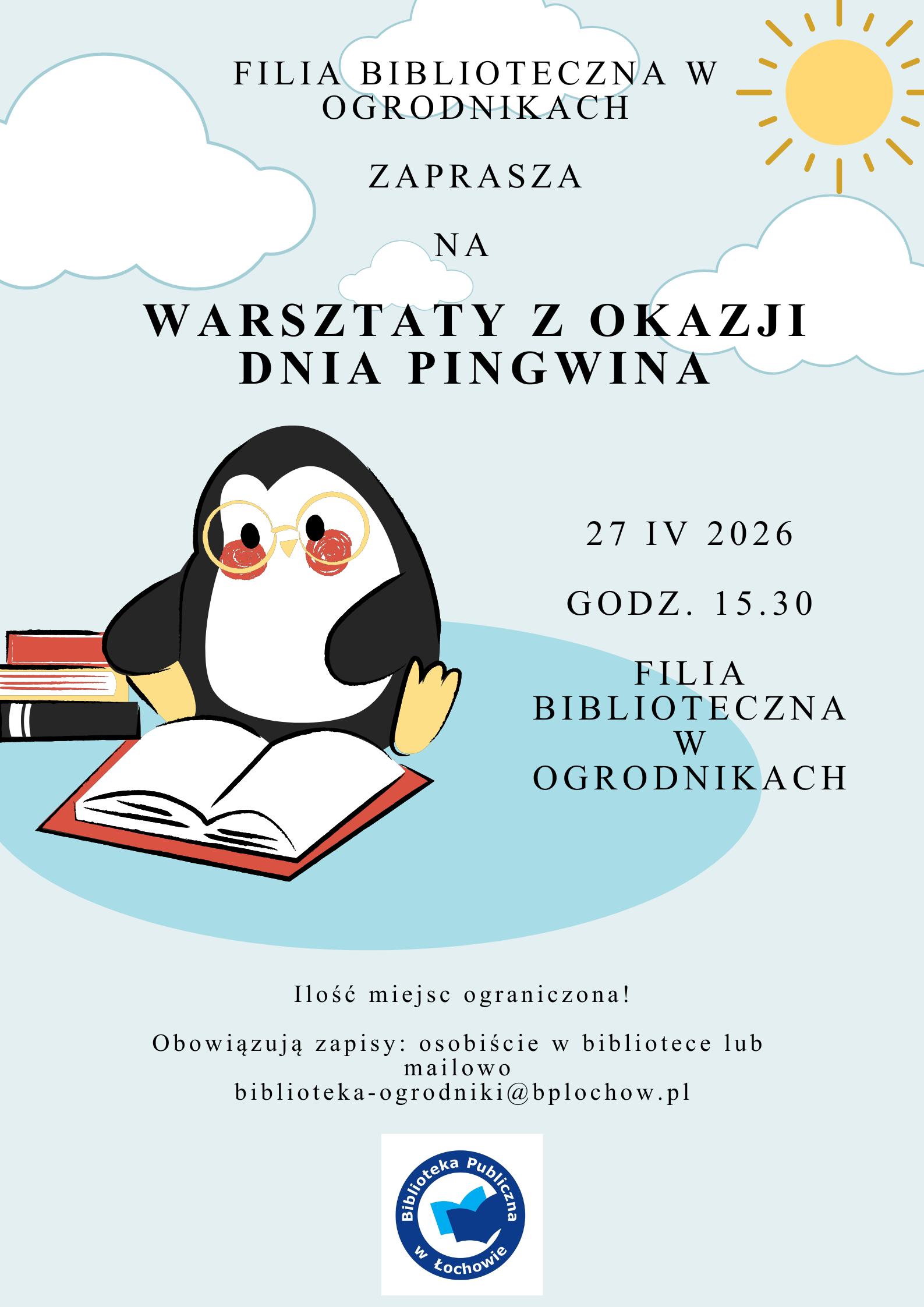 Warsztaty z okazji DNIA PINGWINA w filii w Ogrodnikach – zaproszenie