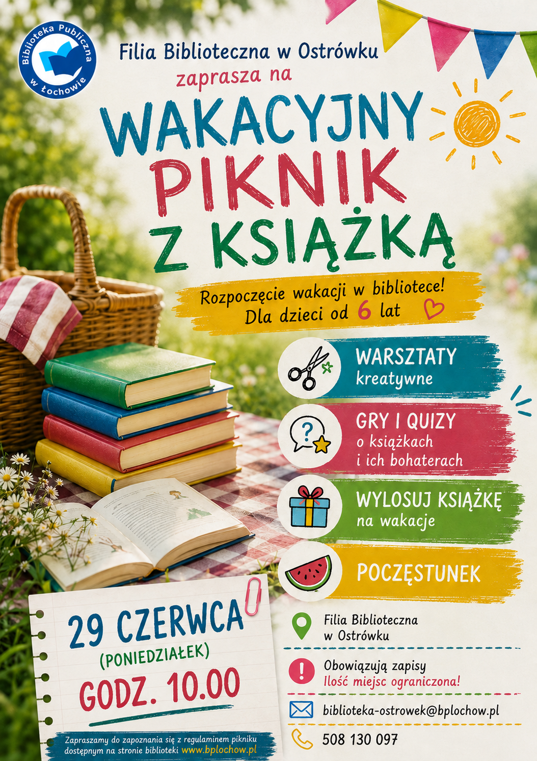 Wakacyjny Piknik z Książką w filii bibliotecznej w Ostrówku – zaproszenie